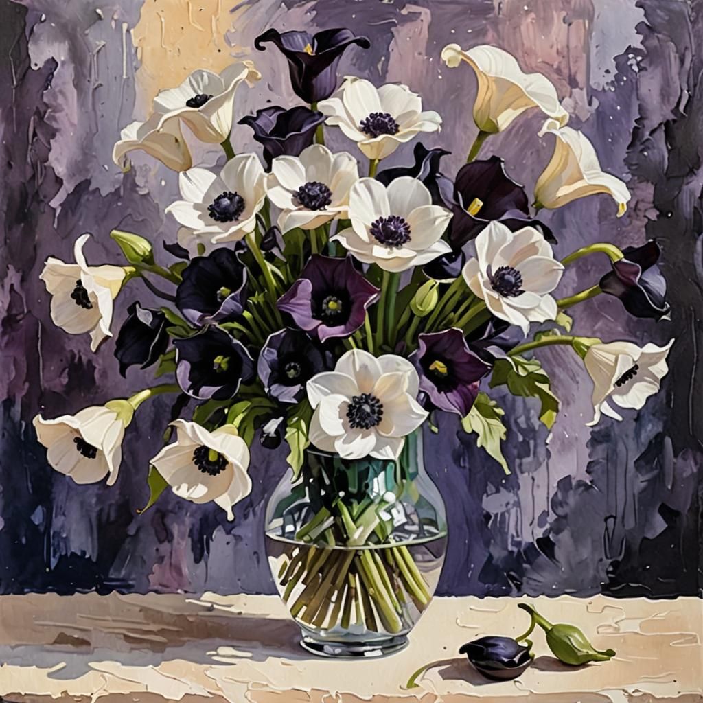 Gouache Painting of Anemones and Lilies in Impressionist Sty...