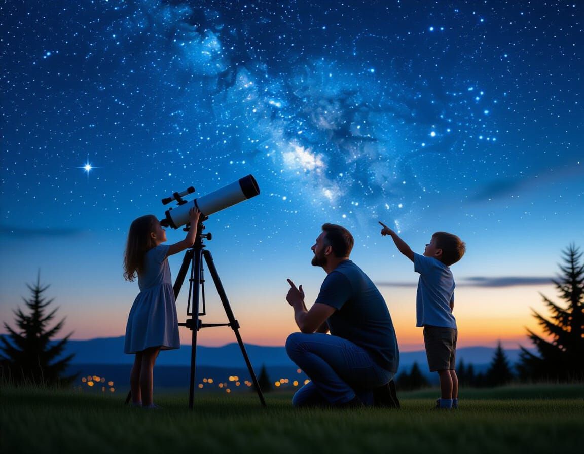 Family Stargazing Under a Dramatic Night Sky