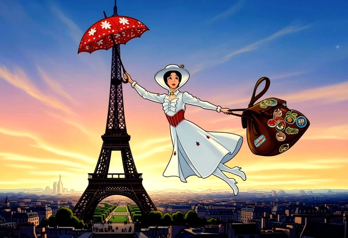 Mary Poppins Flies Over Paris with Magical Travel Bag