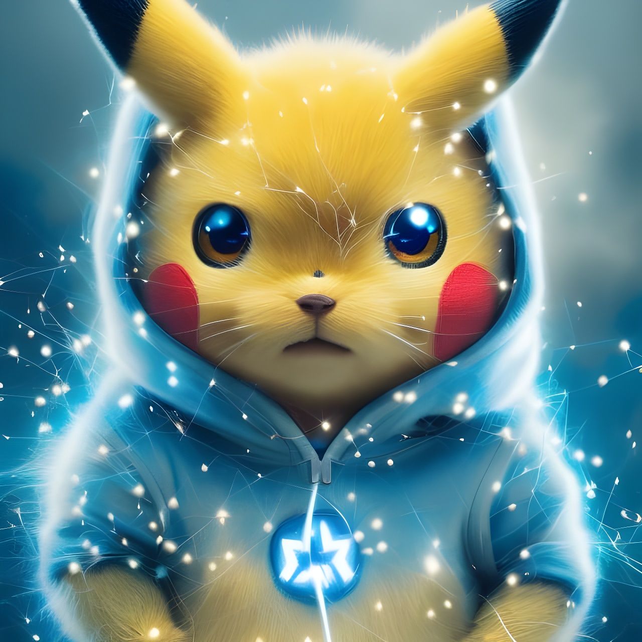 Hyperrealistic Pikachu Portrait with Electric Particles