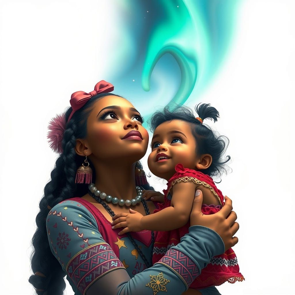 Mother and Daughter Admire Northern Lights in a Vibrant Pixa...