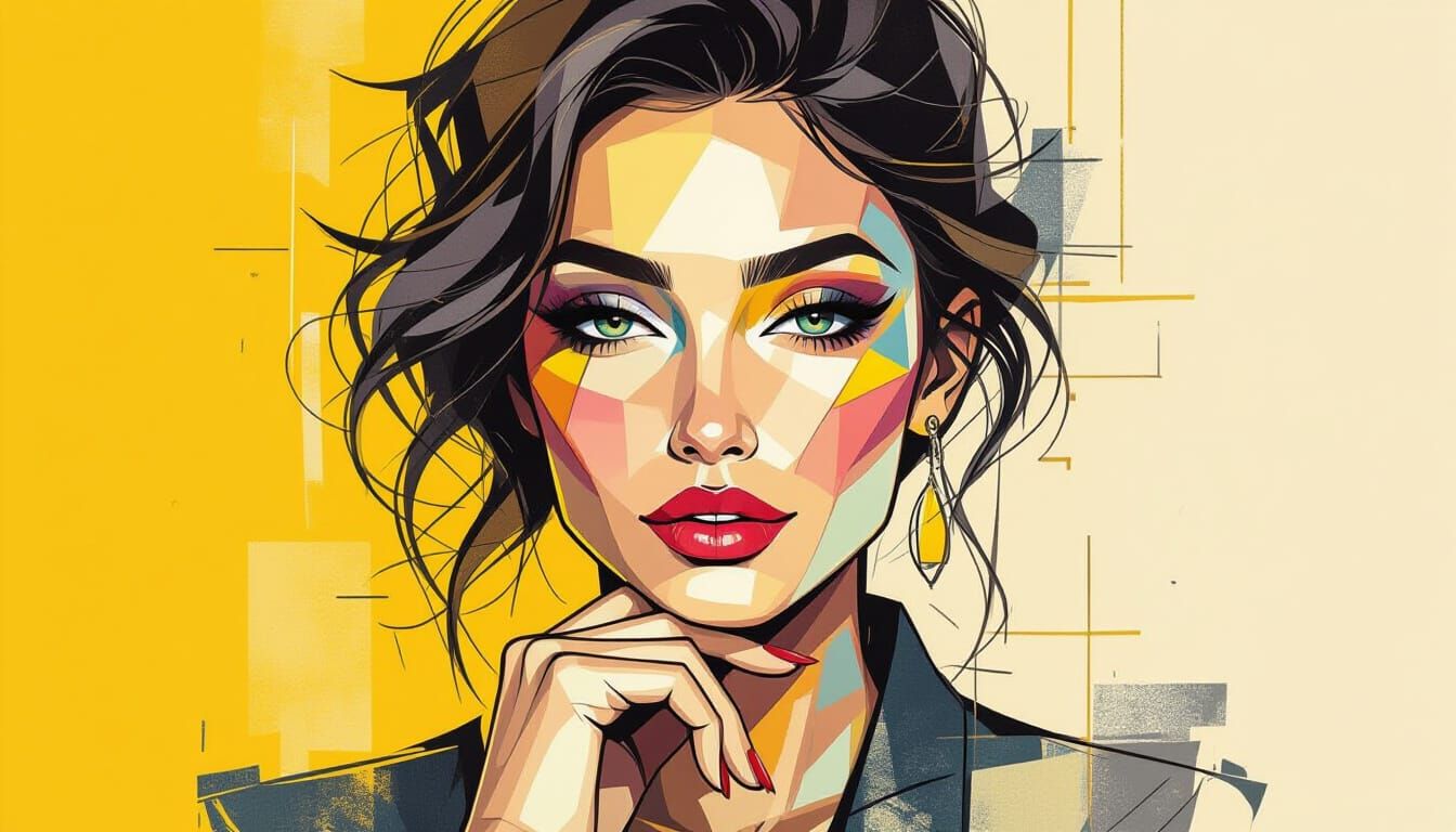 Abstract Ink Sketch Portrait of a Woman with Geometric Eleme...