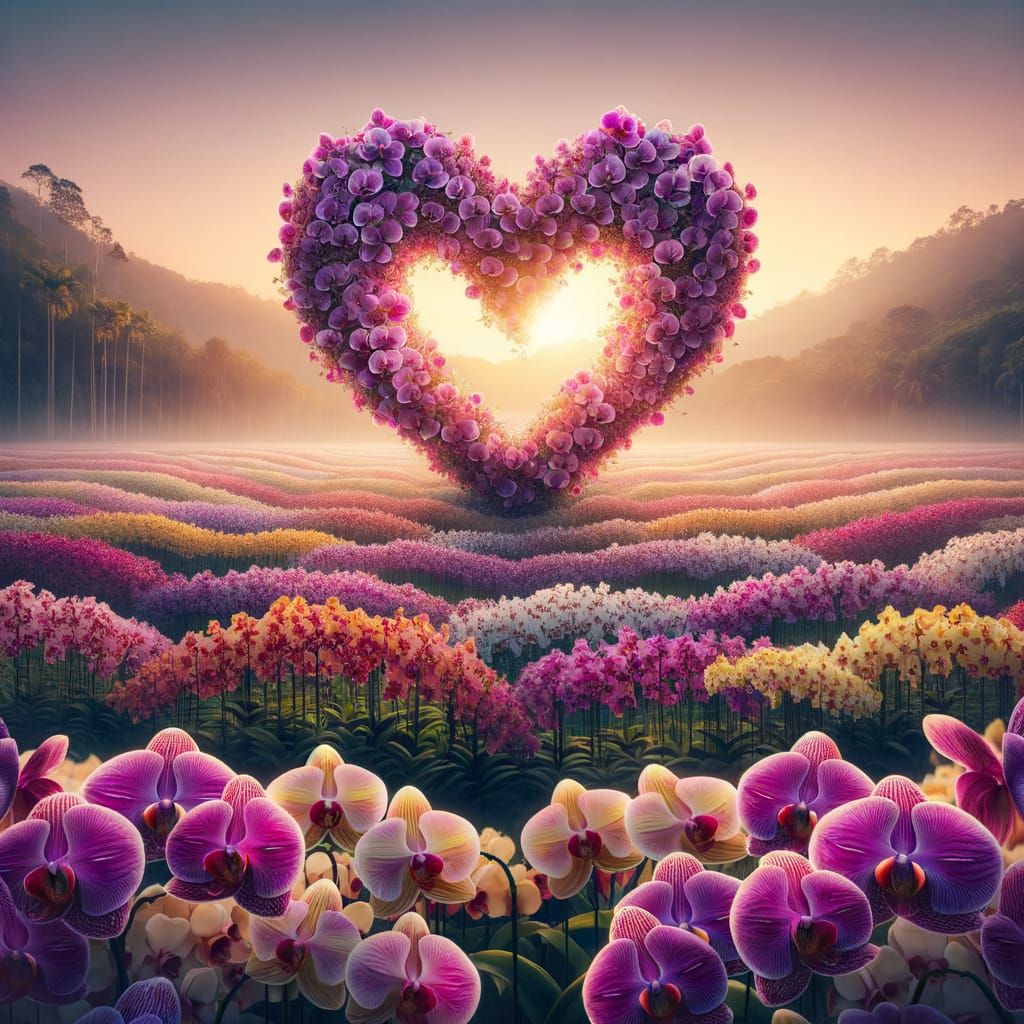Orchid Heart Hovering Over Orchid Field at Sunrise
