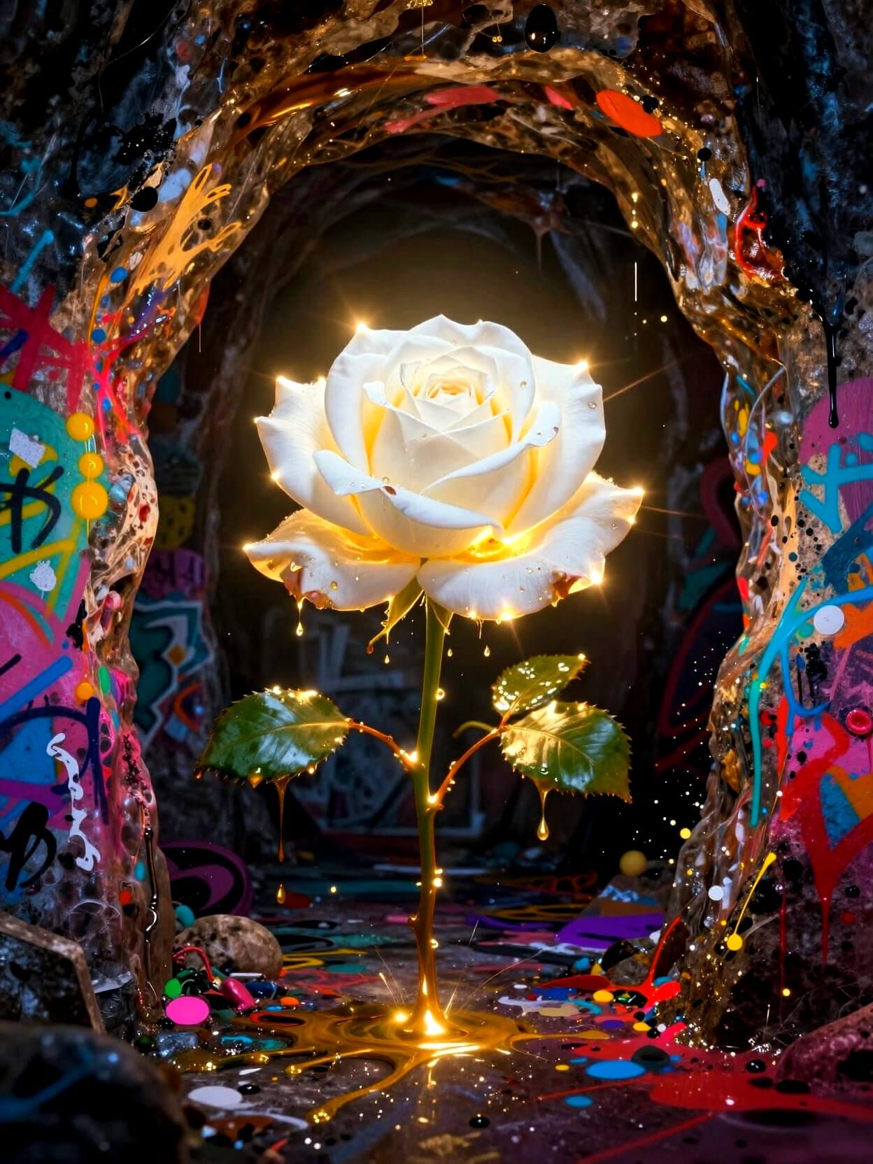 White Rose Emits Golden Light into Darkness, Street Art Styl...