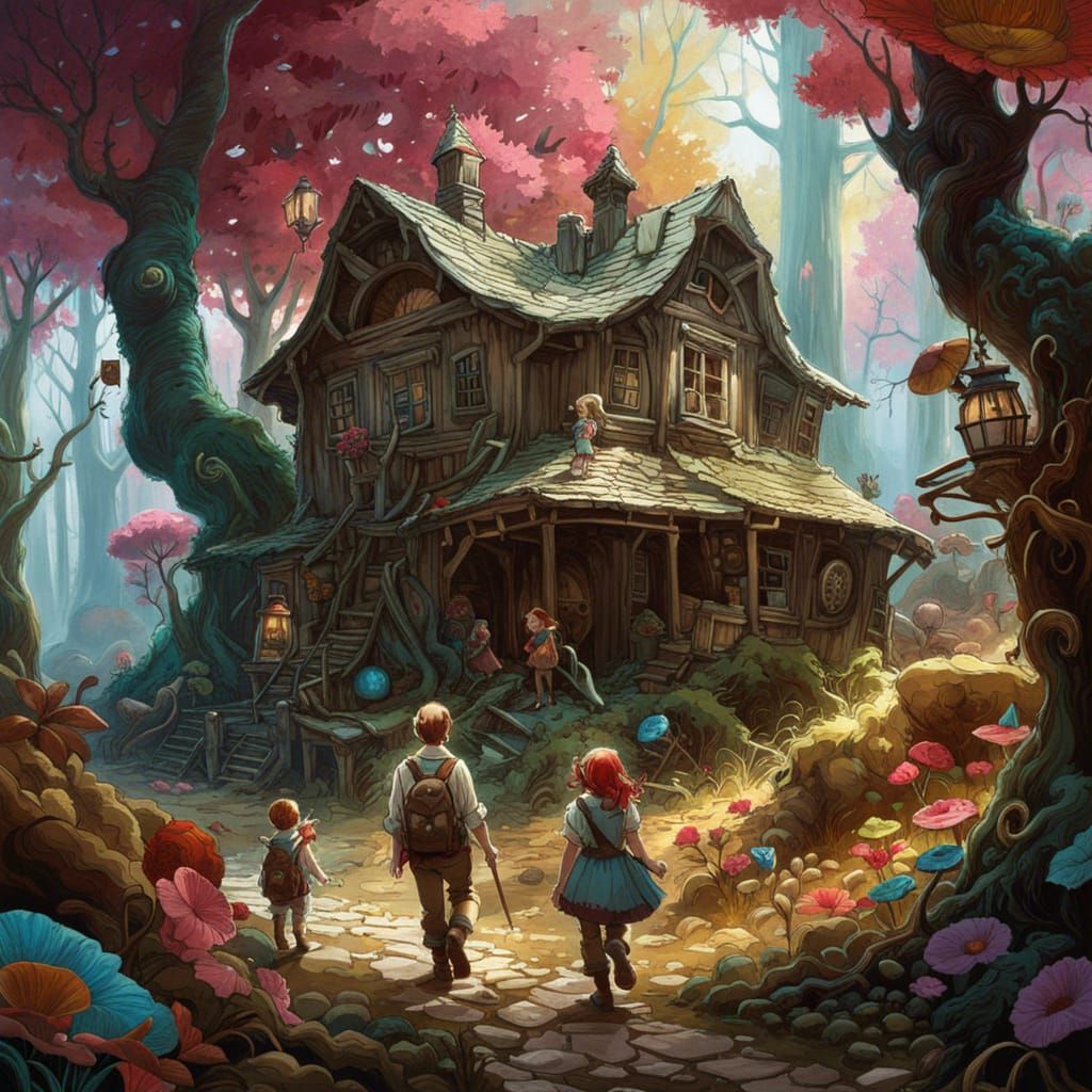 Hansel and Gretel walking to a house in the woods