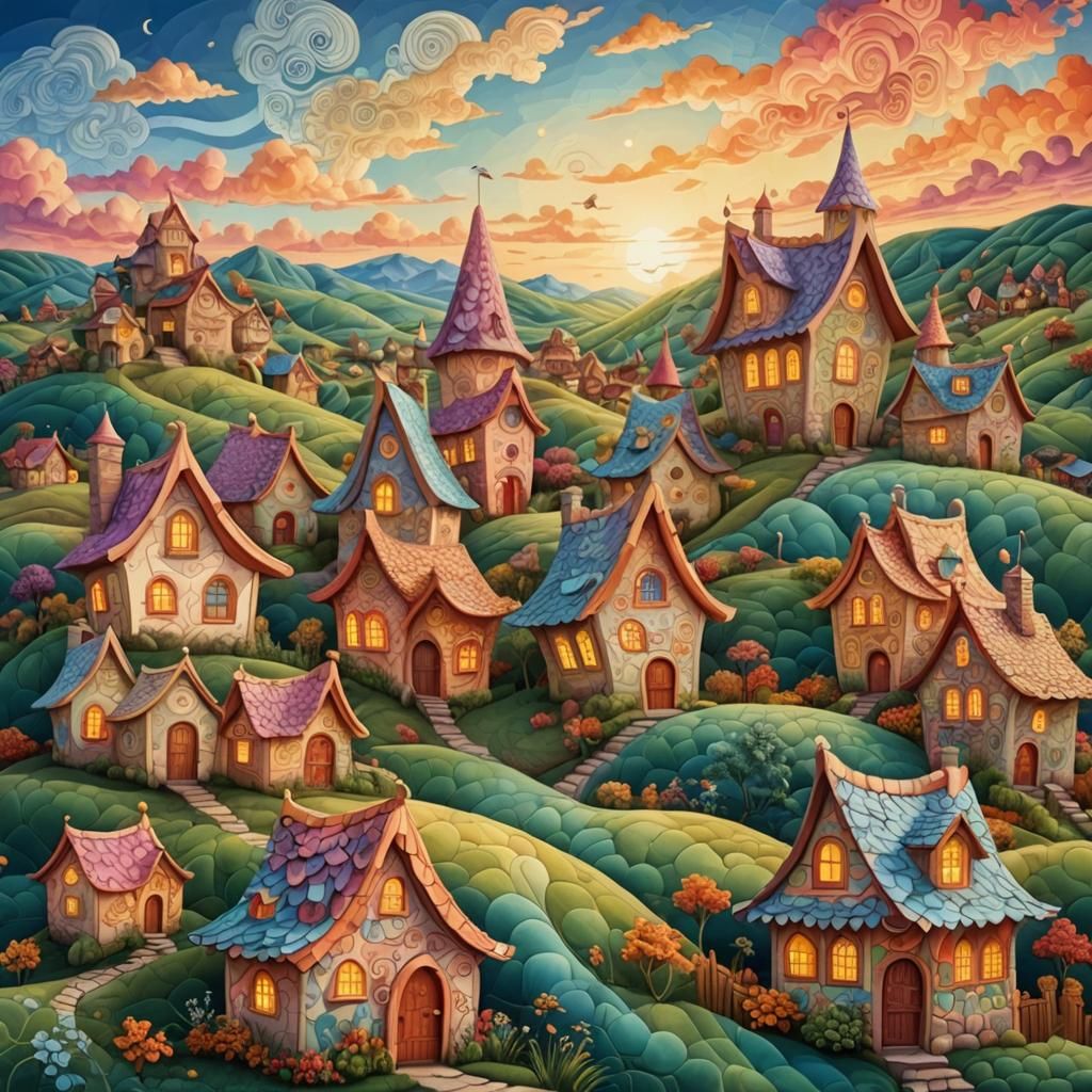 elf houses on a hillside