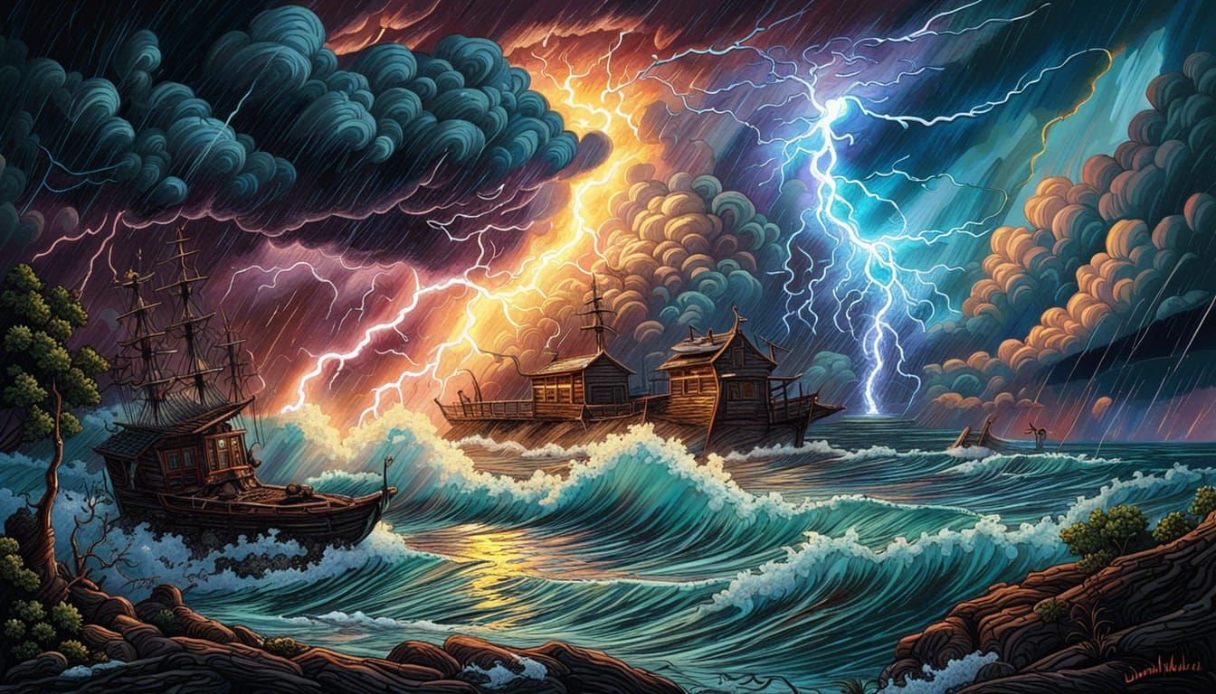 Dramatic Thunderstorm with Lightning, Hyperrealistic Digital...