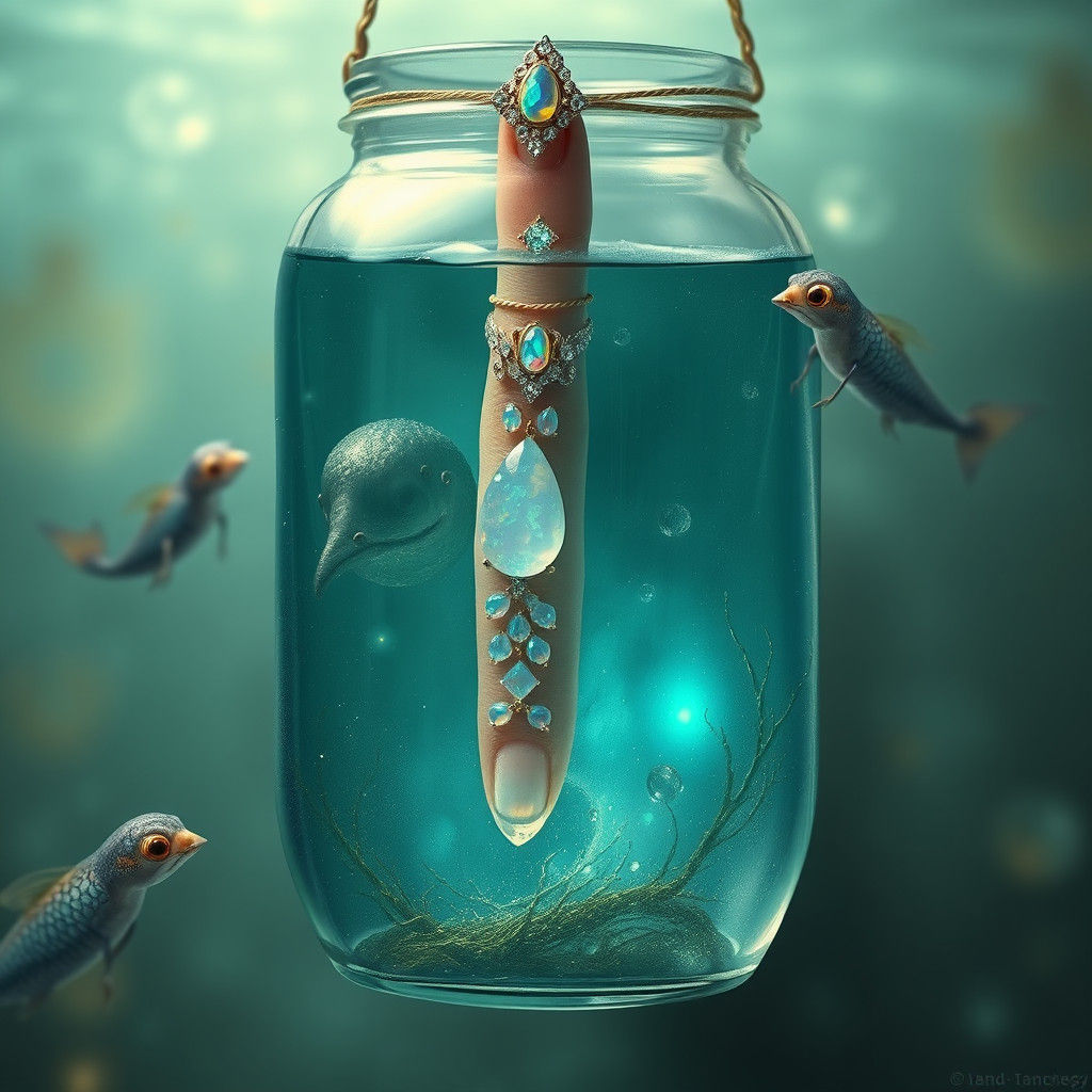 Bejeweled Finger and Mermaids in Antique Jar