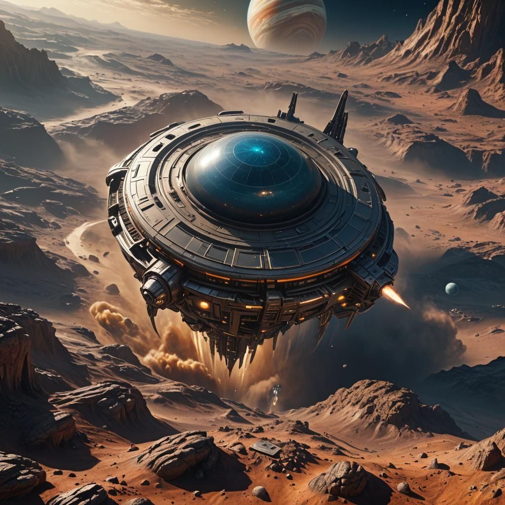 Alien Spacecraft Over Jupiter: Detailed Matte Painting