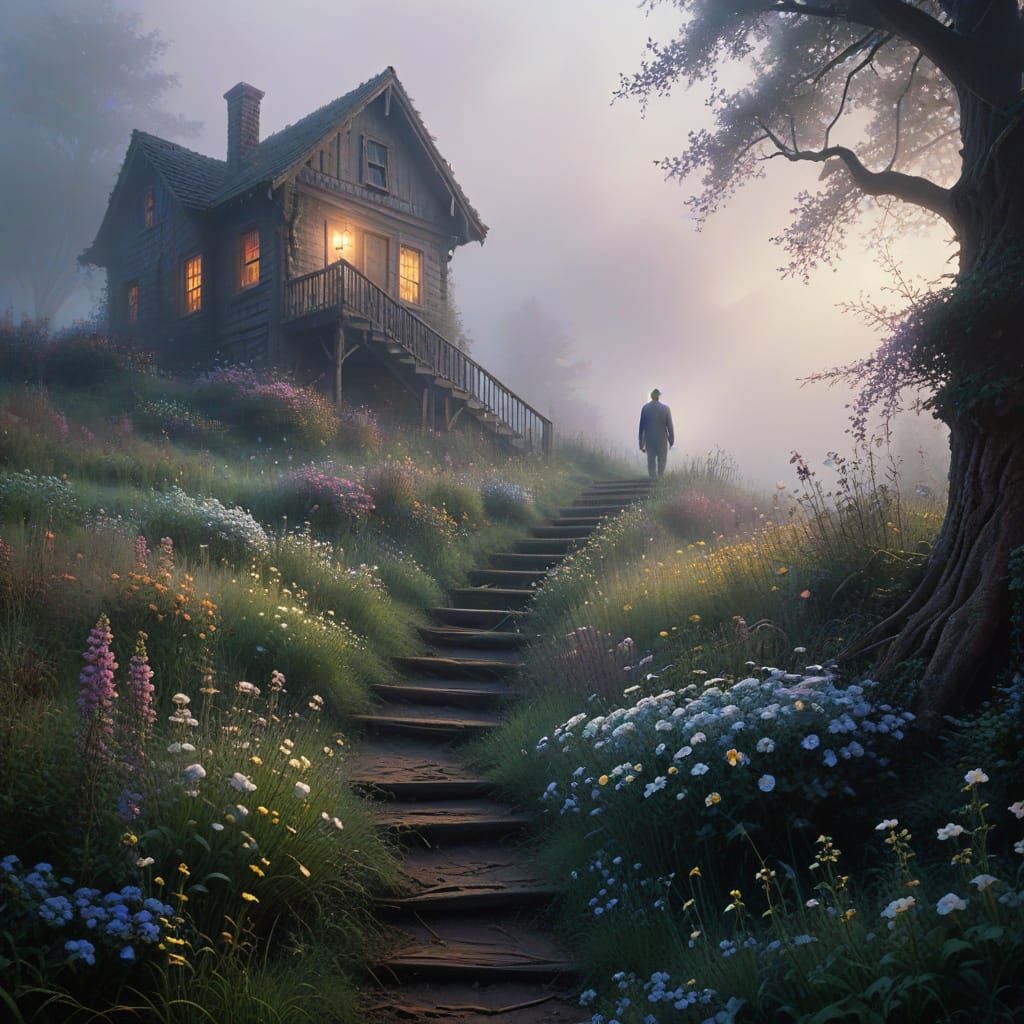 Ethereal Staircase in Foggy Field: Dreamlike Realism