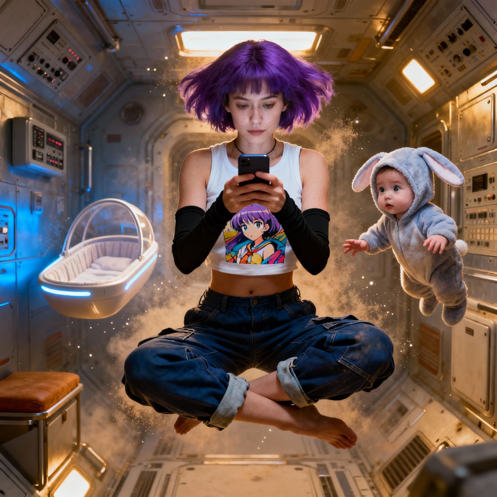 Mother Absorbed in Phone, Toddler Floats in Zero Gravity