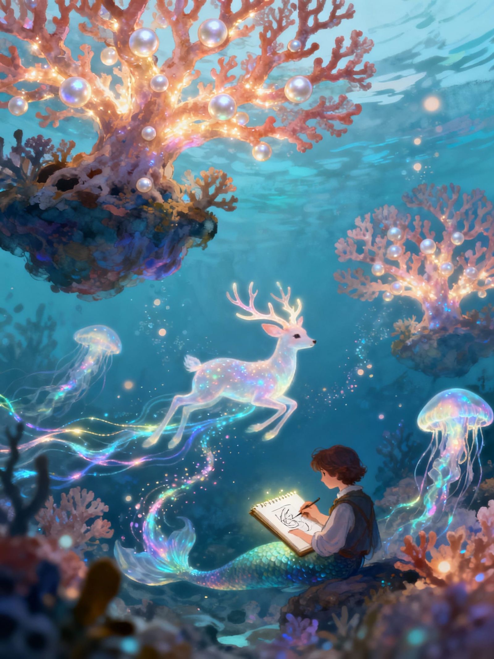 Luminous Underwater Forest with Pearl Coral and Jellyfish-Fa...