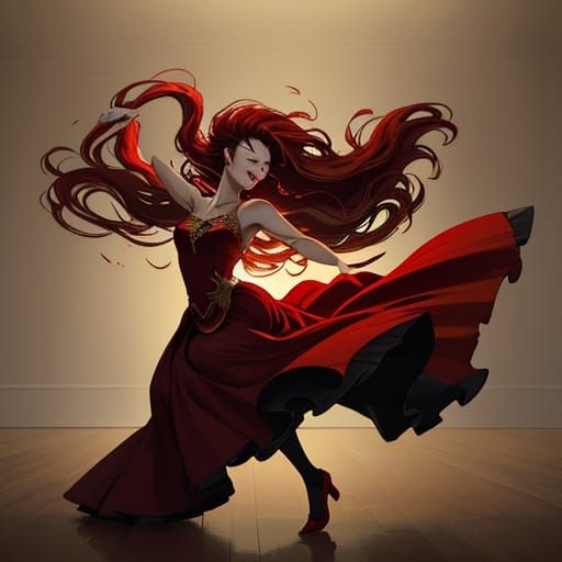 Woman Dancing in Red Dress with Dramatic Lighting