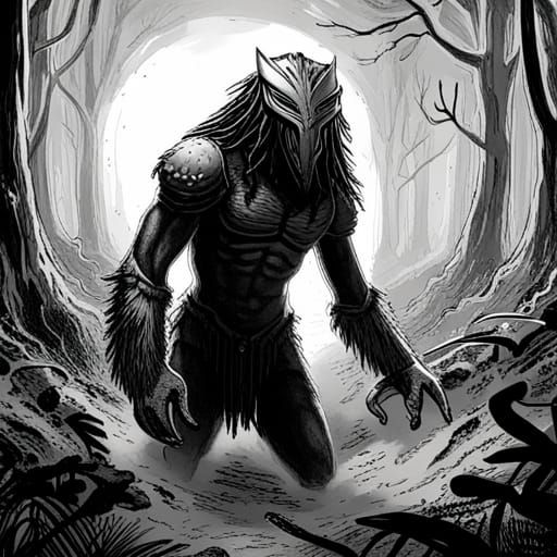 Yautja Predator in Dark Forest Horror, Engraving Style
