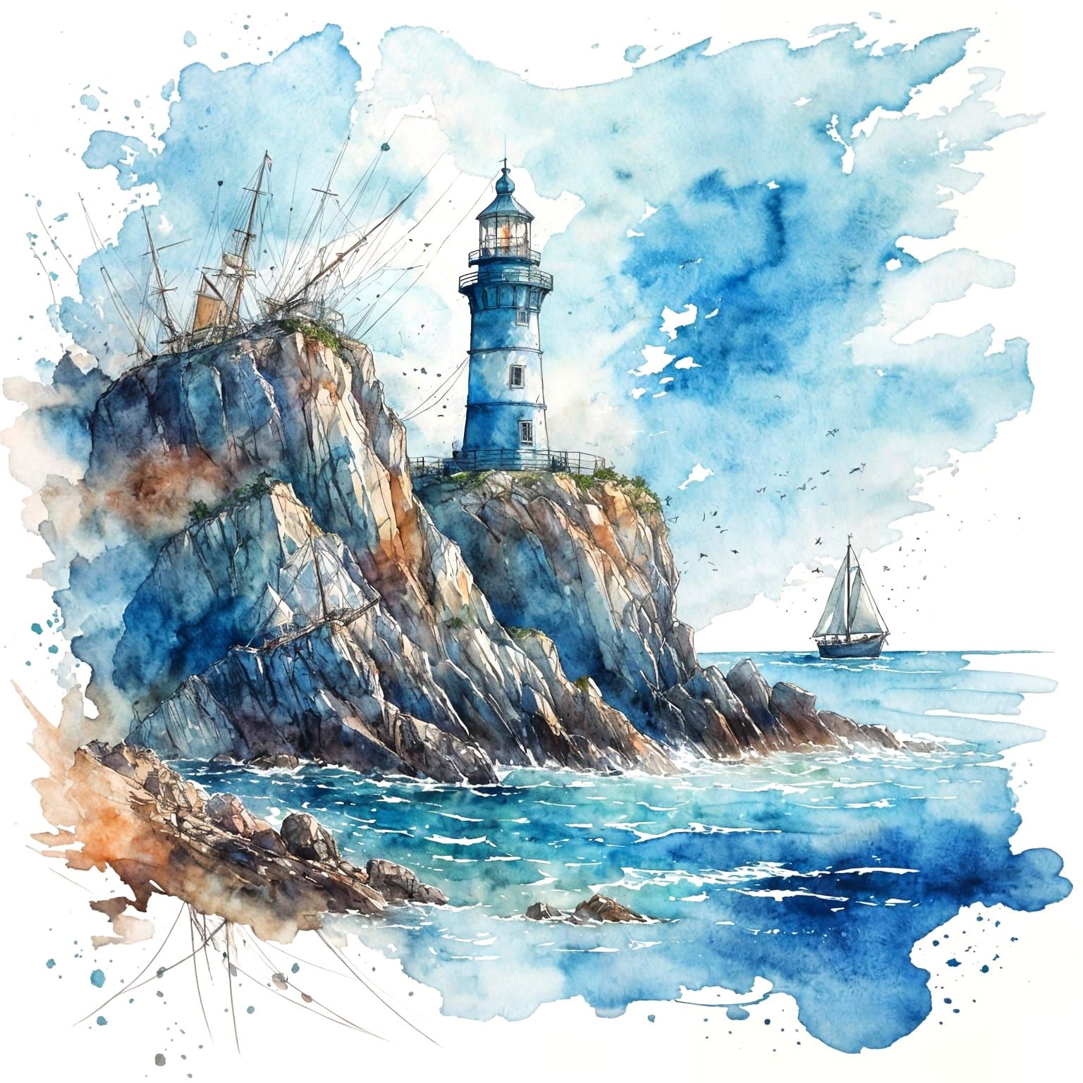 Watercolor Lighthouse Scene with Sailing Boat