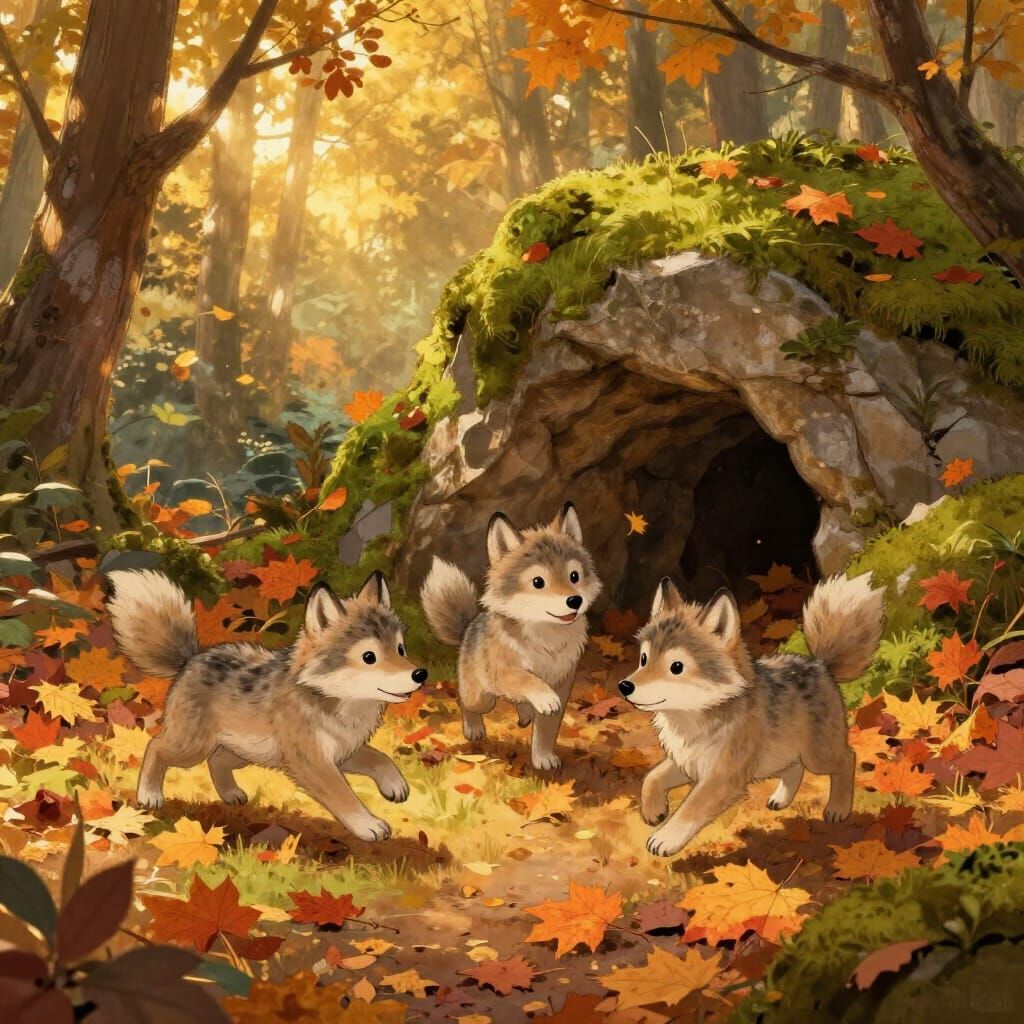 Three Wolf Cubs Play in Autumn Leaves Near Cave