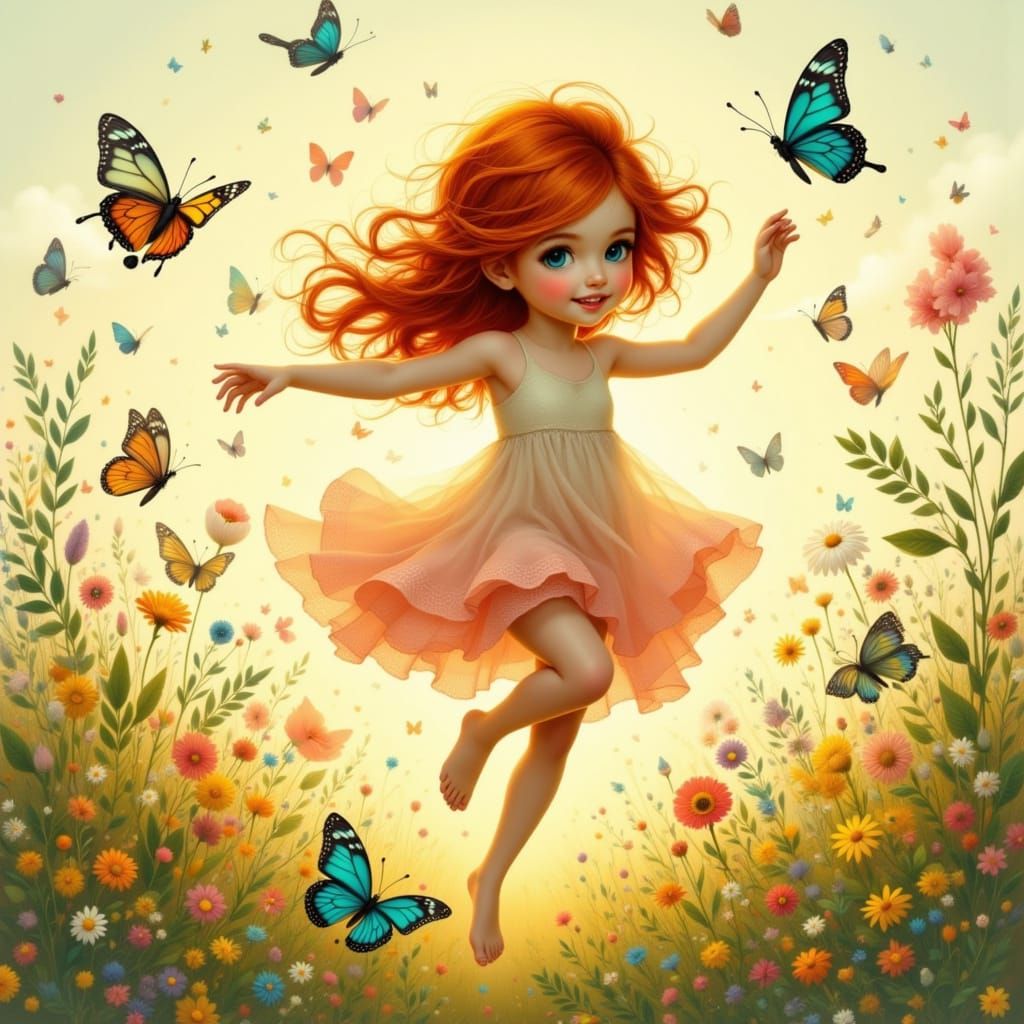 Redhead in Meadow Chasing Butterflies in Whimsical Style