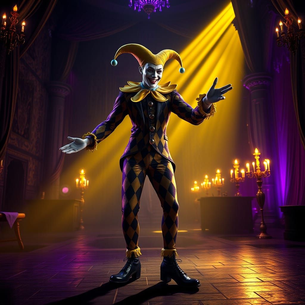Mystical Royal Jester in Lavish Harlequin Costume