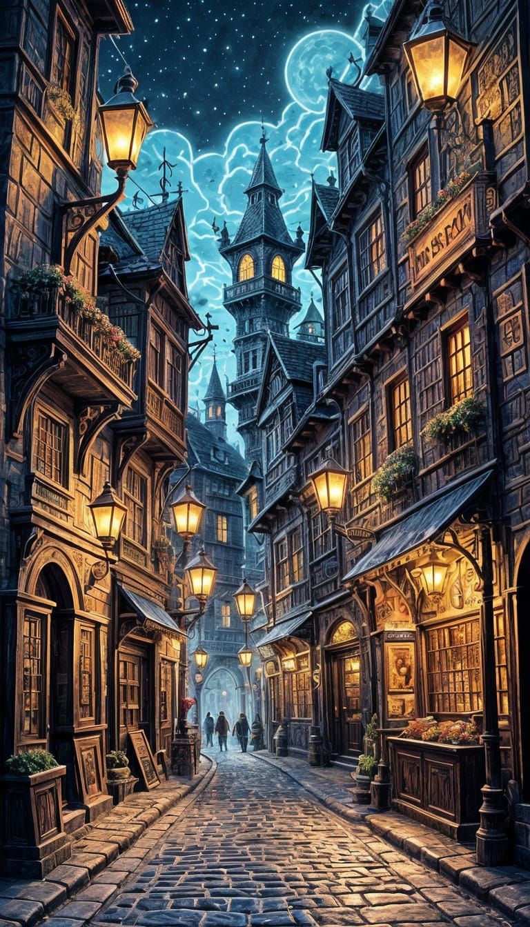Vibrant Ankh Morpork Street Scene in Whimsical Cartoon Style