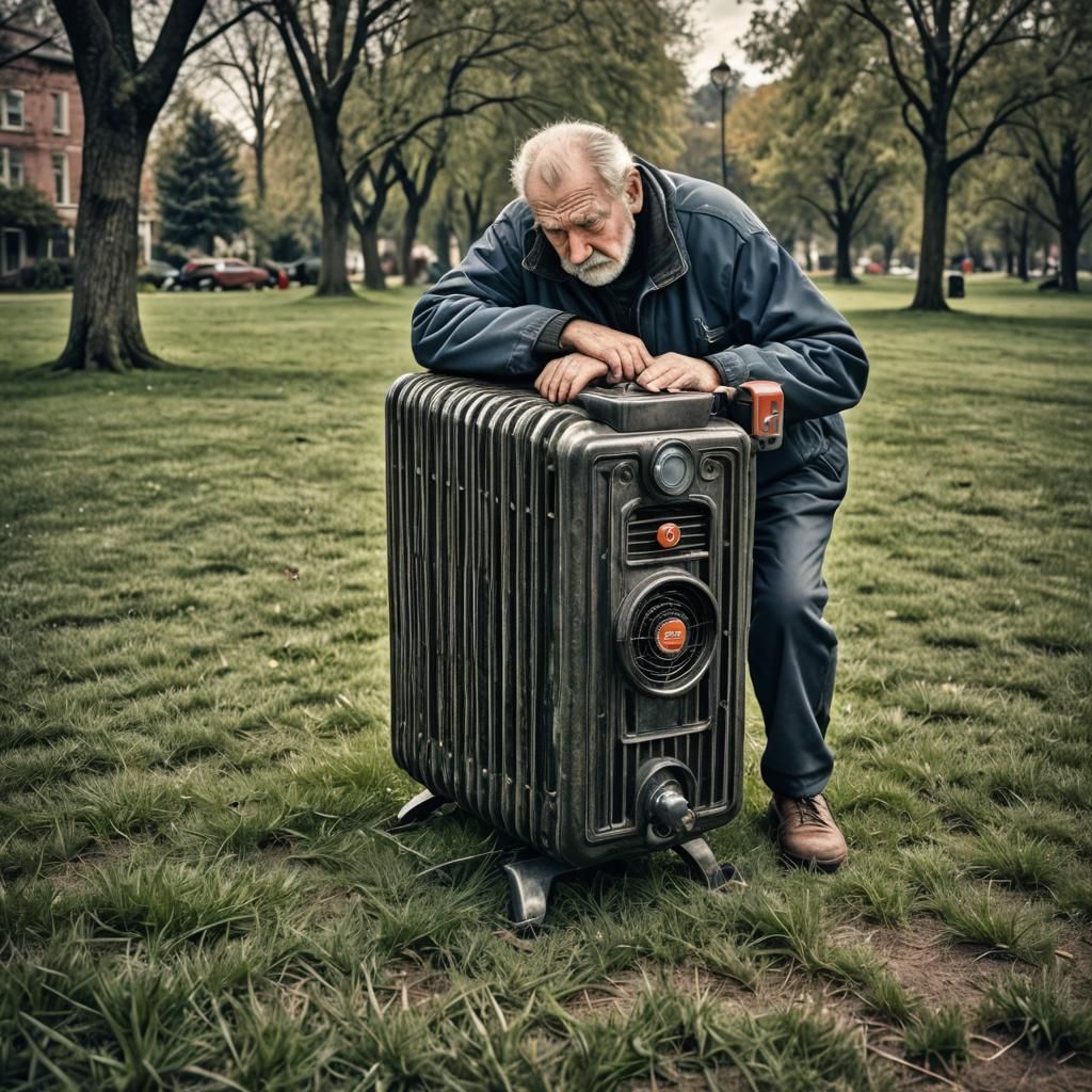 Man Hugs Radiator in Hyperrealistic Detail