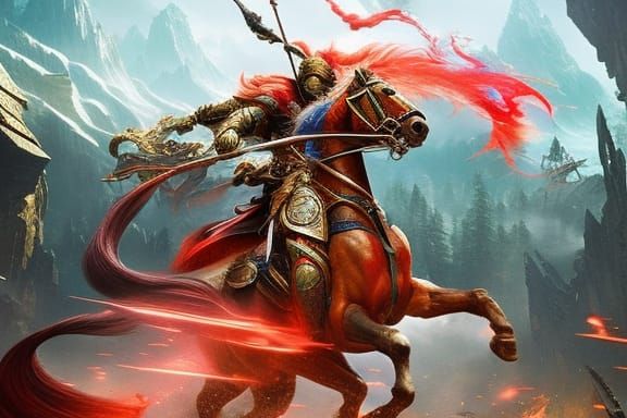 Chinese Warrior on Red Horse in Dark Fantasy Style