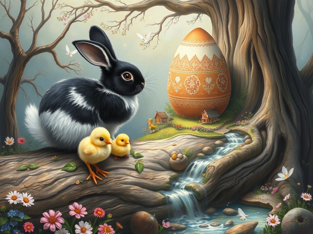 Bunny and Chick in Fairy Village, Pastel Colors