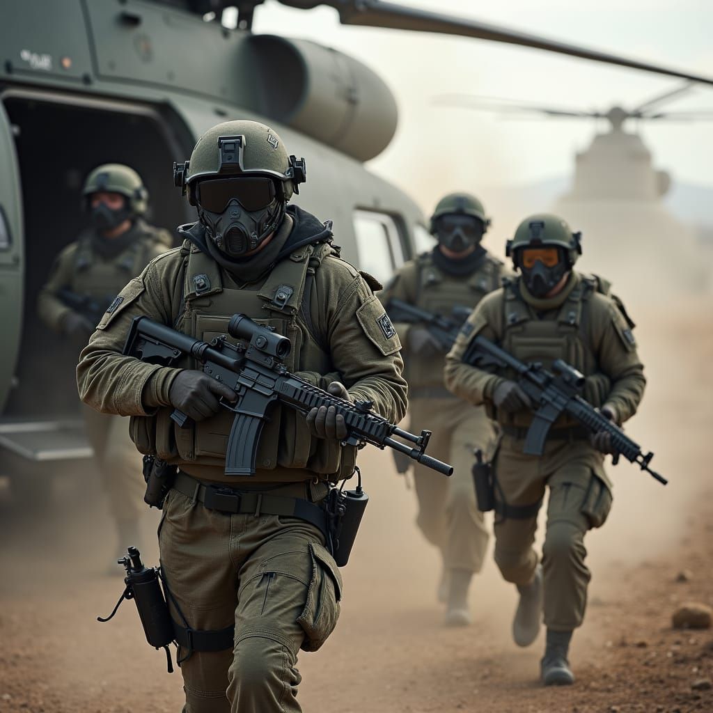 Armored Soldiers Deploying from Gunship in Combat Zone