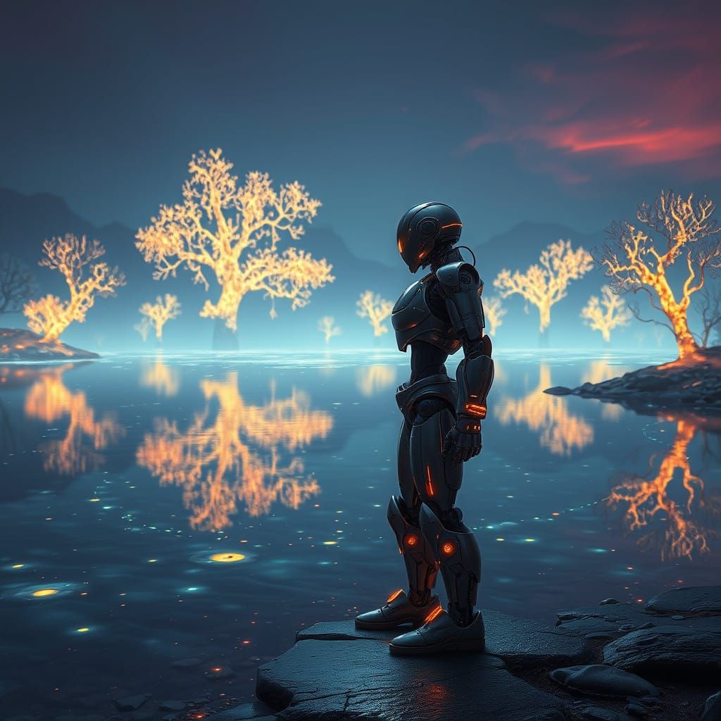 Ethereal Alien Landscape with Majestic Robot