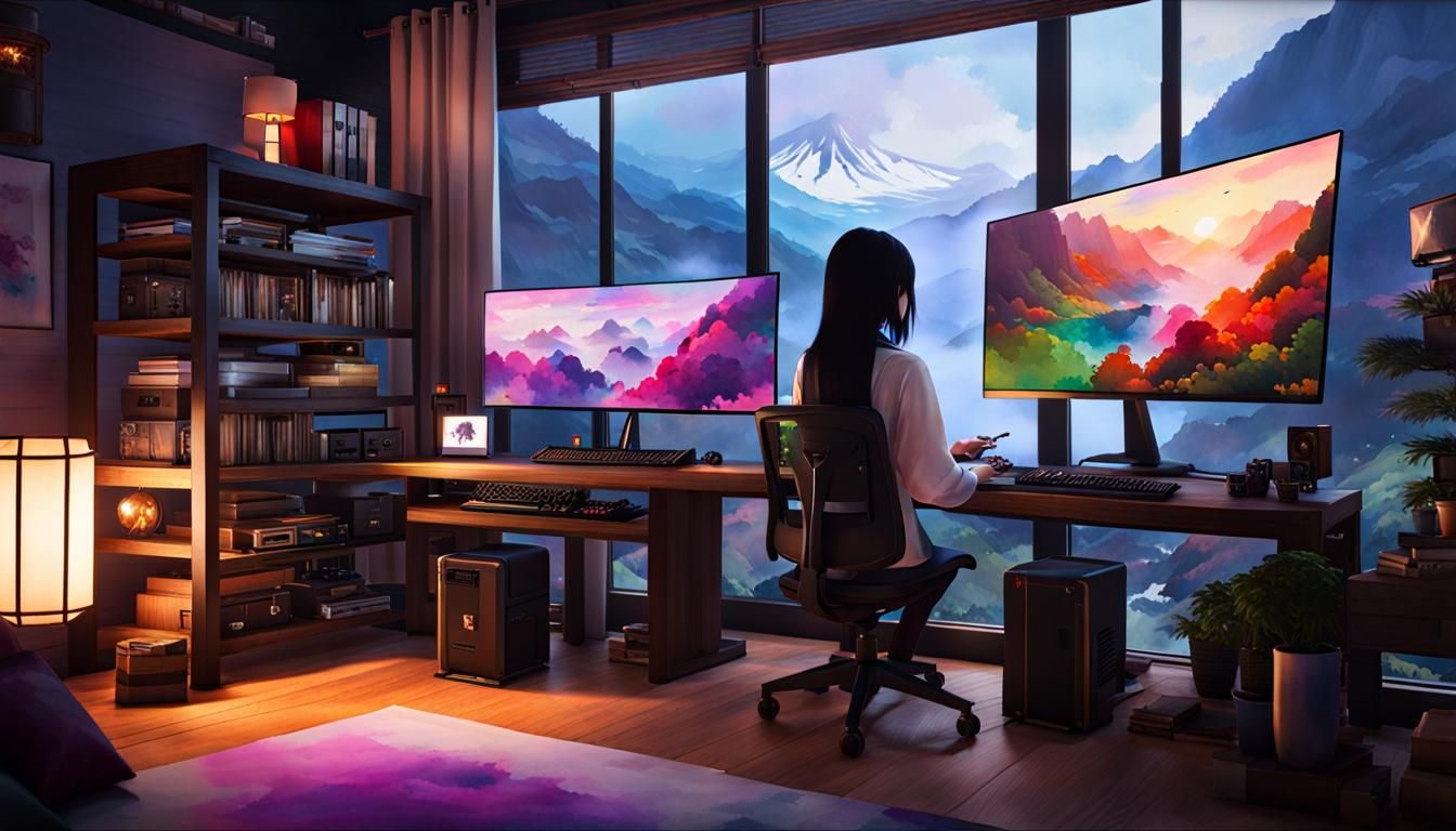 Japanese Gamer Girl in Watercolour Splash Art Style