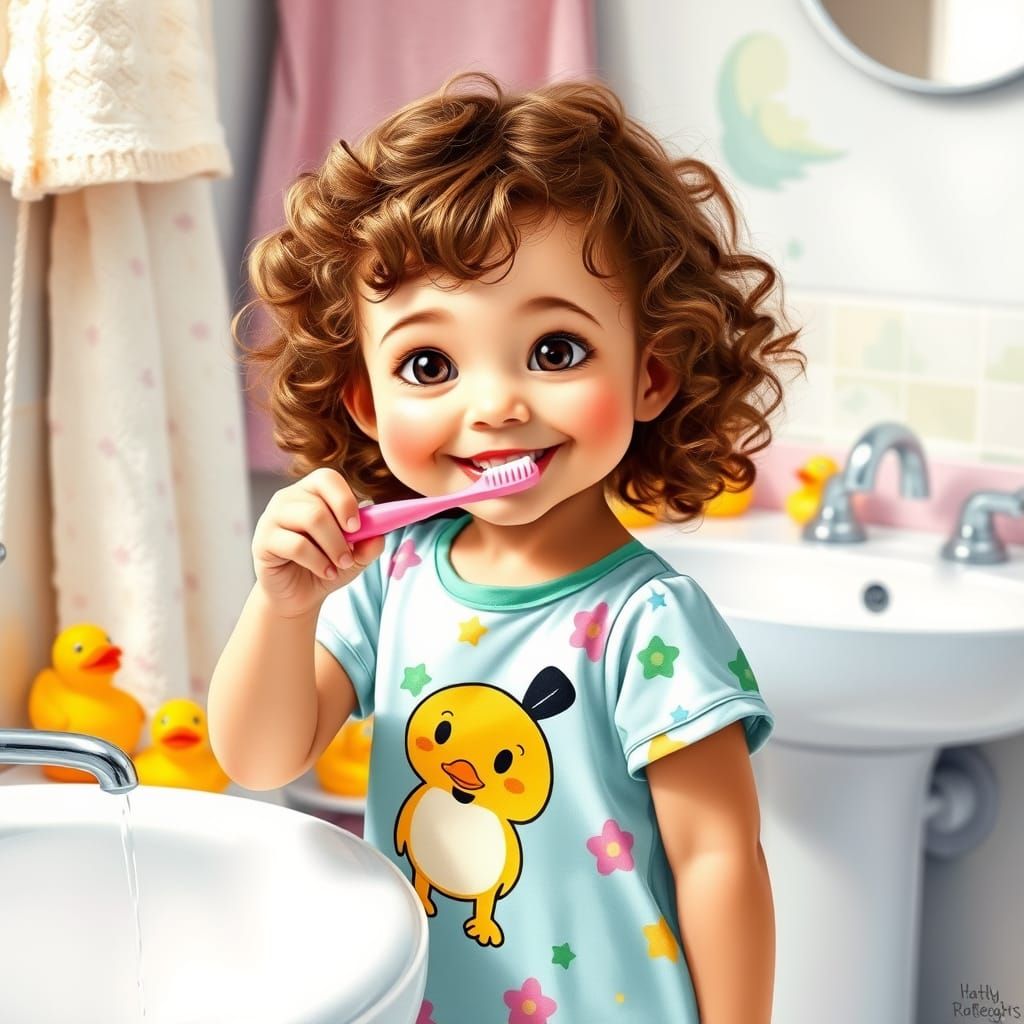 Charming Little Girl Brushes Her Teeth in Whimsical Bathroom