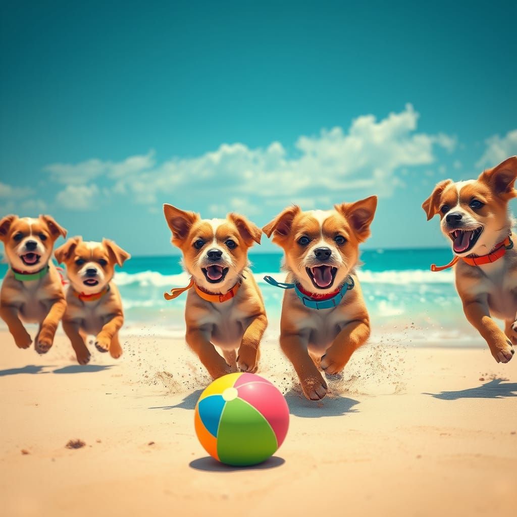 Vibrant Beach Scene with Playful Puppies and Turquoise Ocean