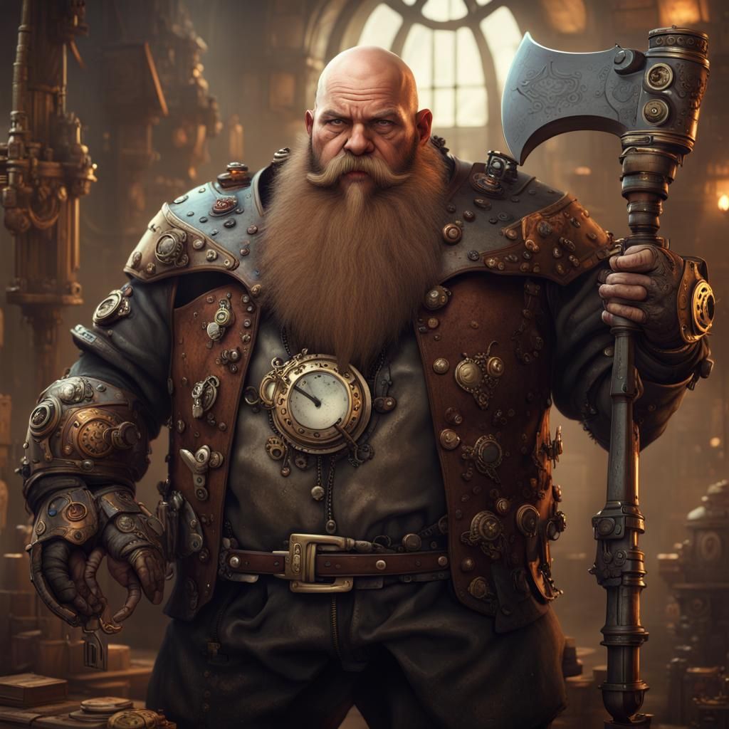 Steampunk Cyborg Dwarf with Axe in Fantasy Art