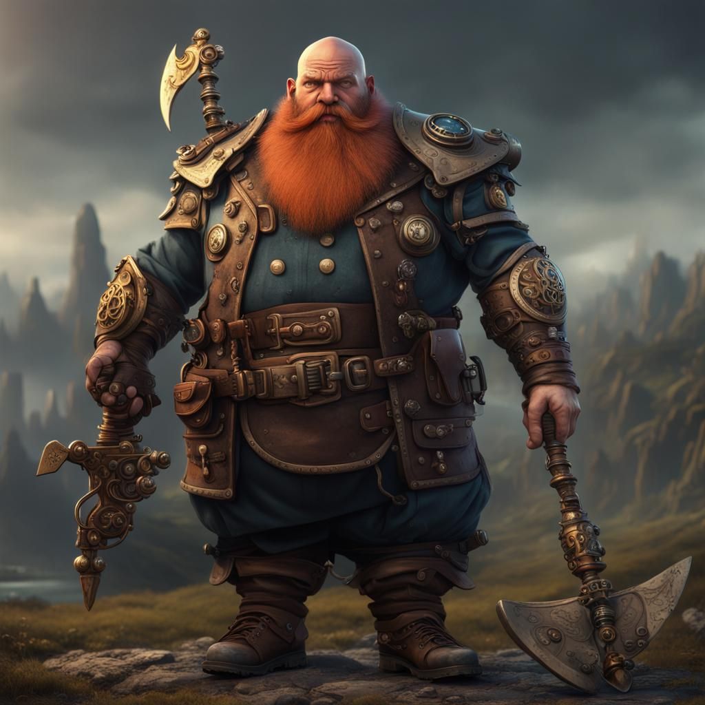 Steampunk Cyborg Dwarf with Axe in Fantasy Art