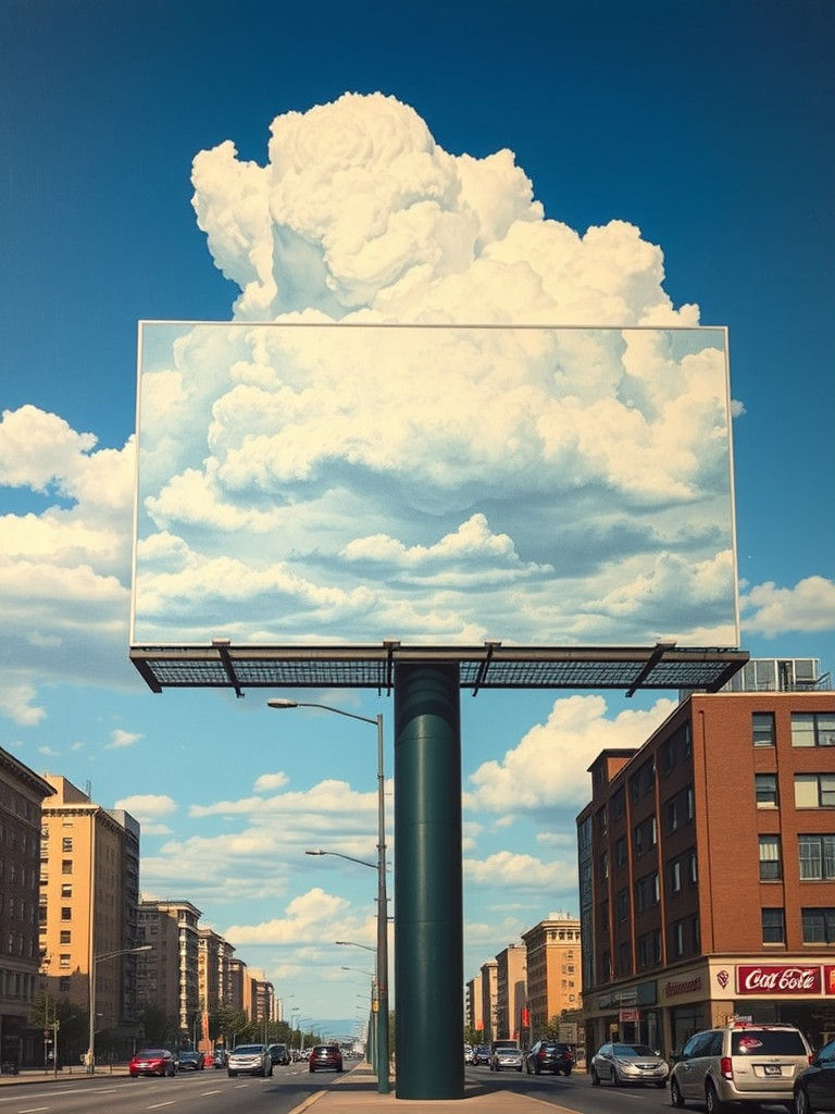 Surreal Billboard in Urban Landscape as Acrylic Painting
