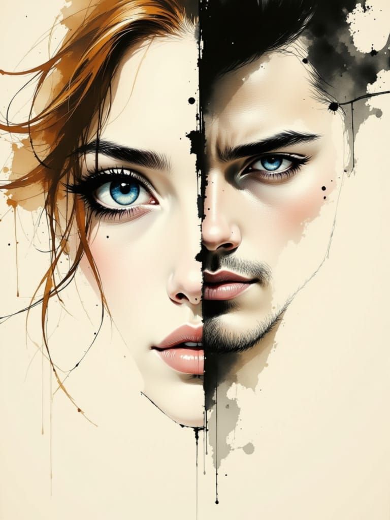 Dual Portrait: Feminine and Masculine Faces in Ink