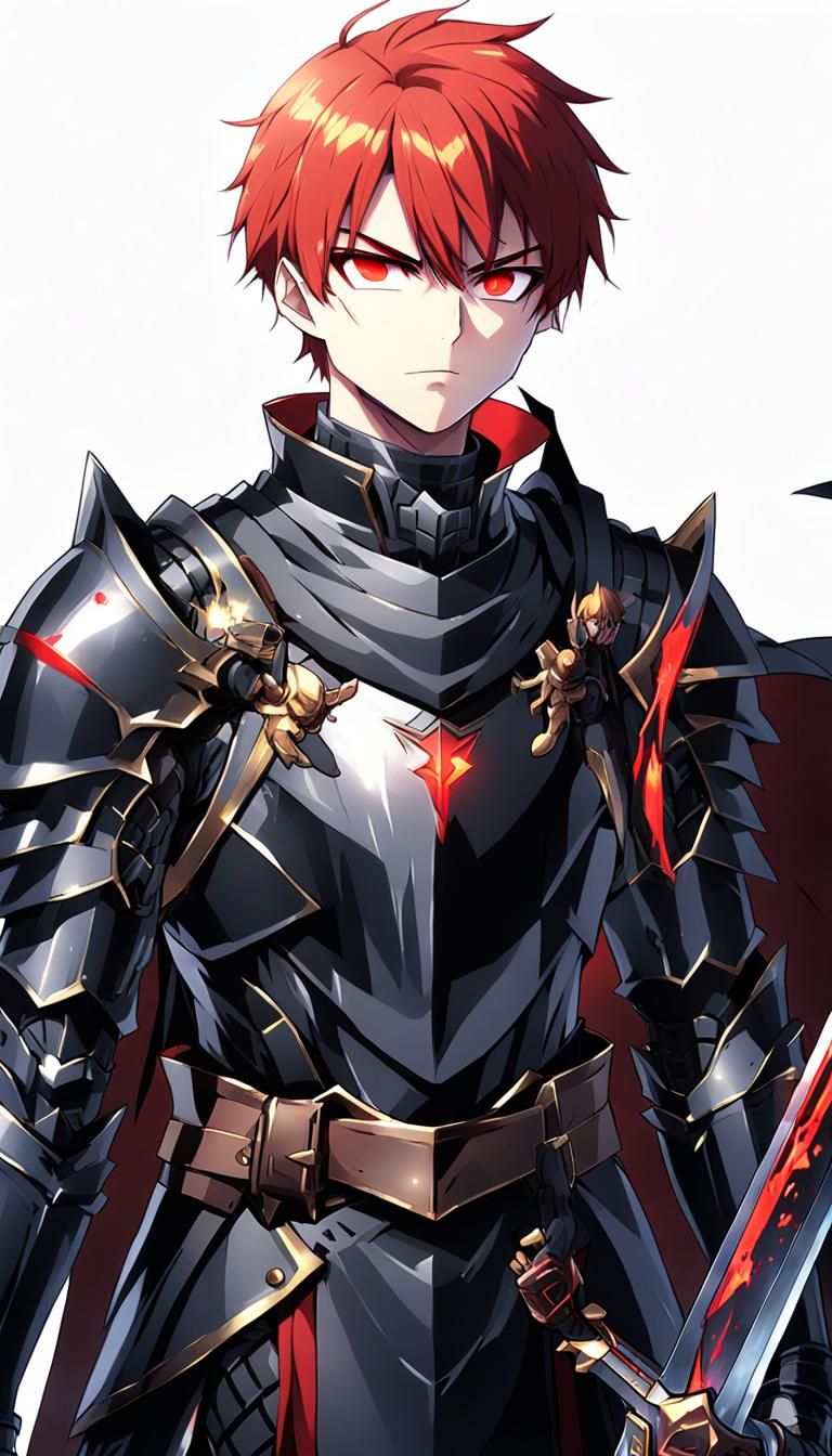 Angry Armored Hero with Glowing Eyes in Anime Style