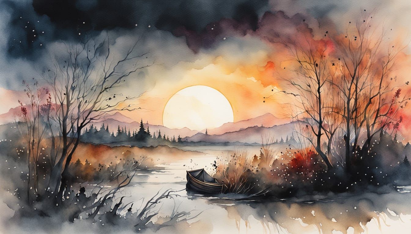 Whimsical Watercolor Fantasy Landscape at Sunset