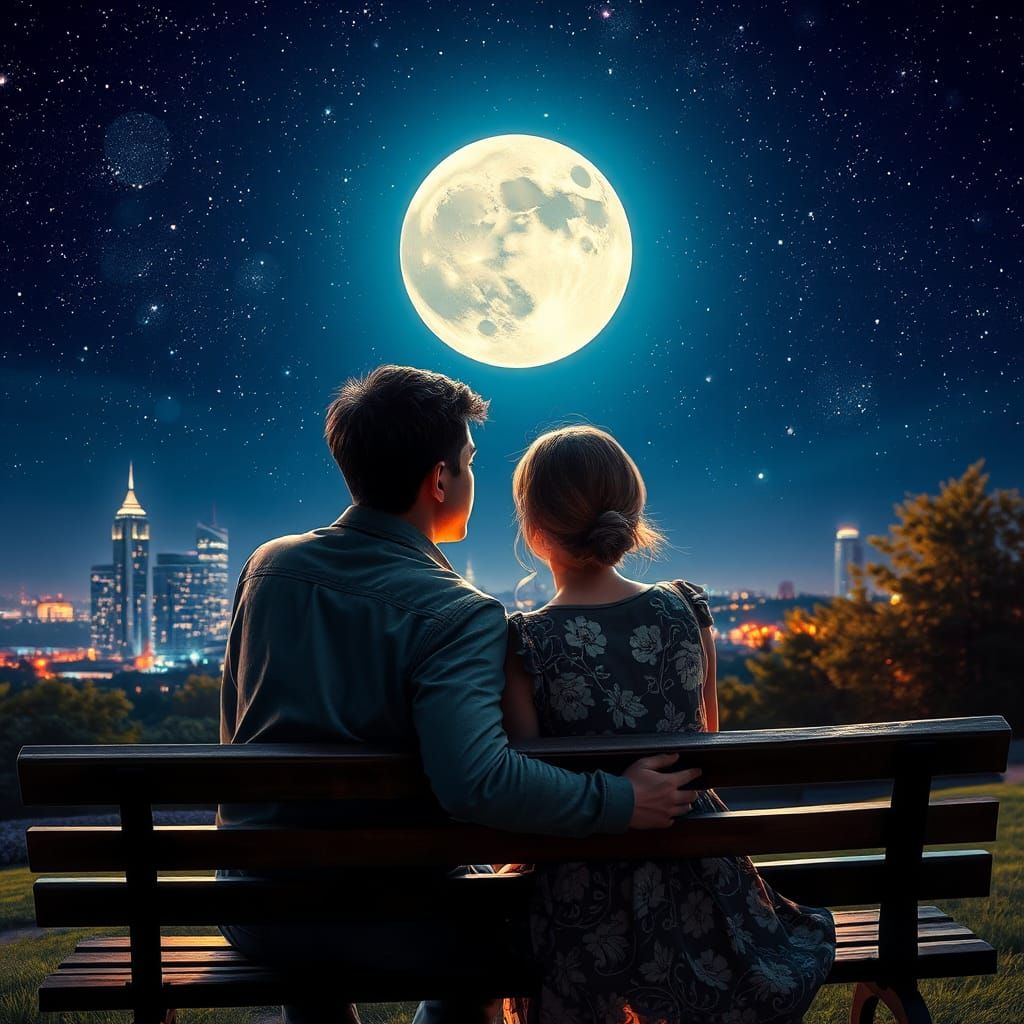Romantic Couple Stargazing Under a Super Moon