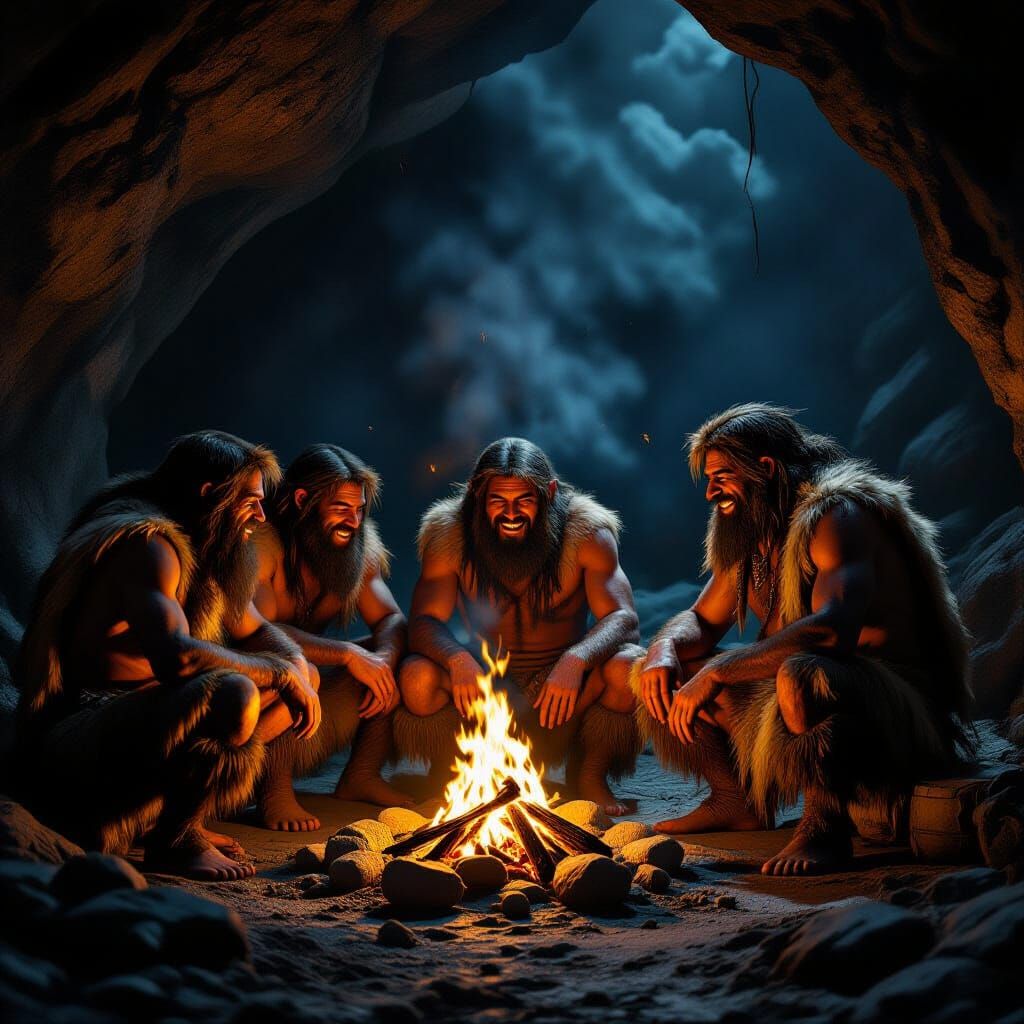 Neanderthals Gather Around Fire in Cave, Matte Painting