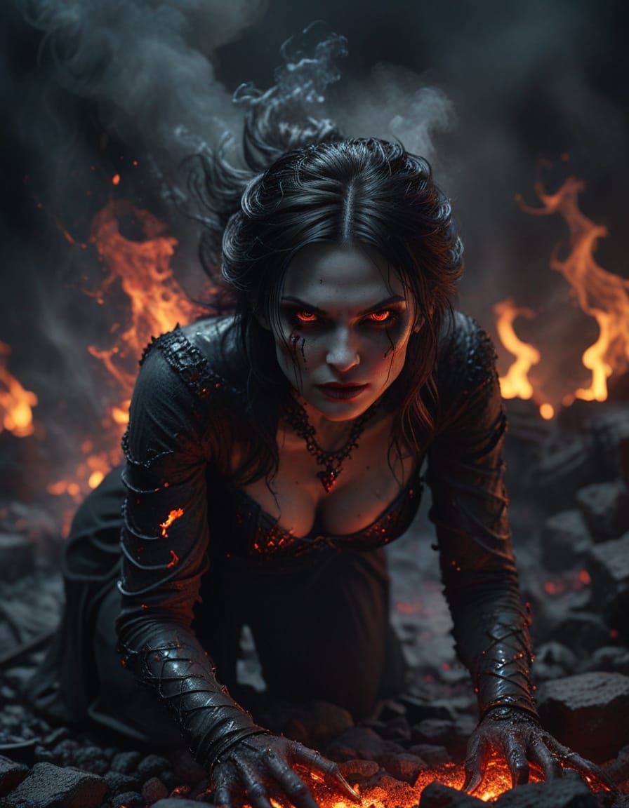 Vampire Woman Crawling on Coals in Dark Fantasy