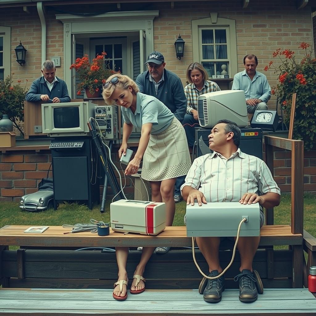 Centenarians Repairing Computer in 1950s Americana Style