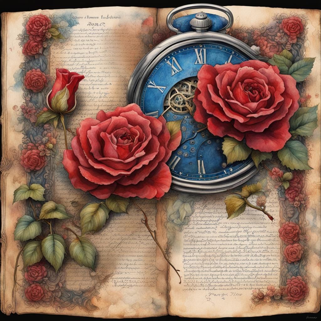 Vintage Journal with Roses, Watch, and River