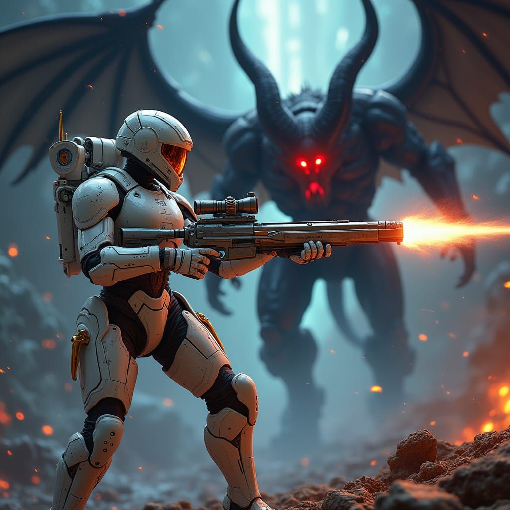 Futuristic Soldier vs. Demons in Digital Battlefield