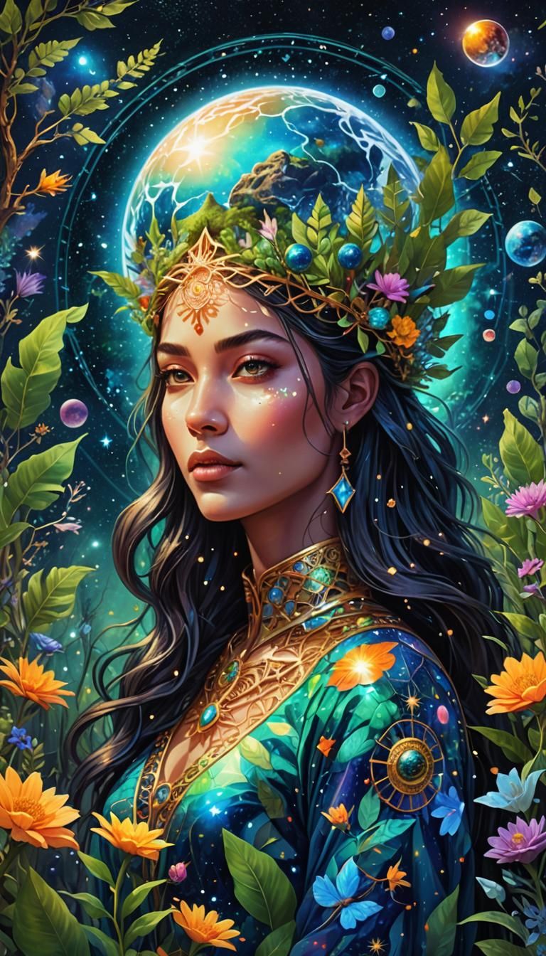 Cosmic Woman Embraces Nature in Astral Illustration