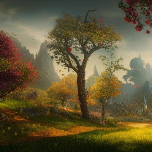Fantastical Orchard in Detailed Matte Painting Style
