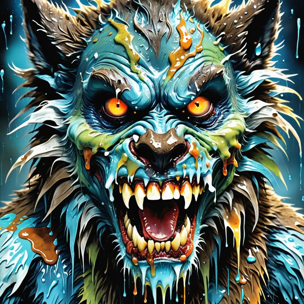 Grotesque surrealism. medium shot. Terribly ugly tEEN wOLF with eyes, huge teeth, wet eyes, slime.  Highly detailed coll...