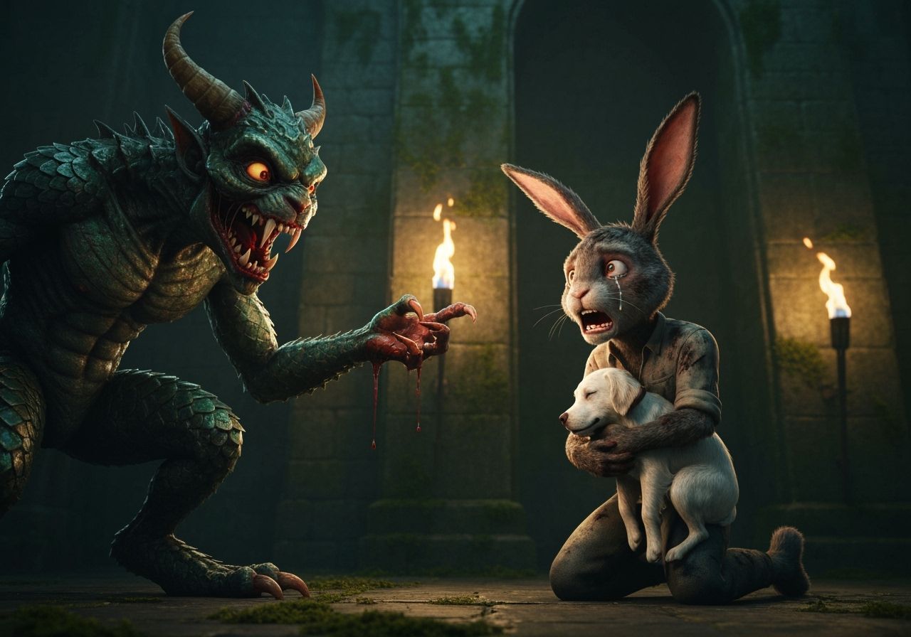 Horrifying Demon Offering Bloody Claw to Rabbit