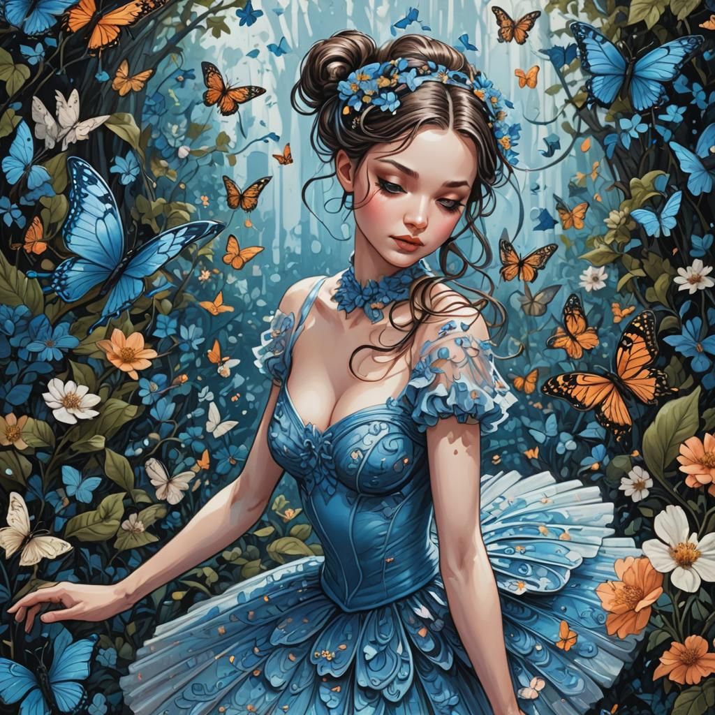 Blue Ballerina in a Blossoming Garden: Comic Book Art