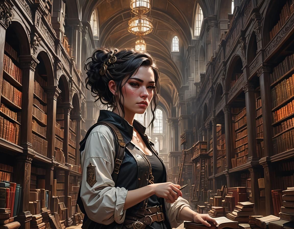 Punk Woman in Post-Apocalyptic Library: Acrylic Painting