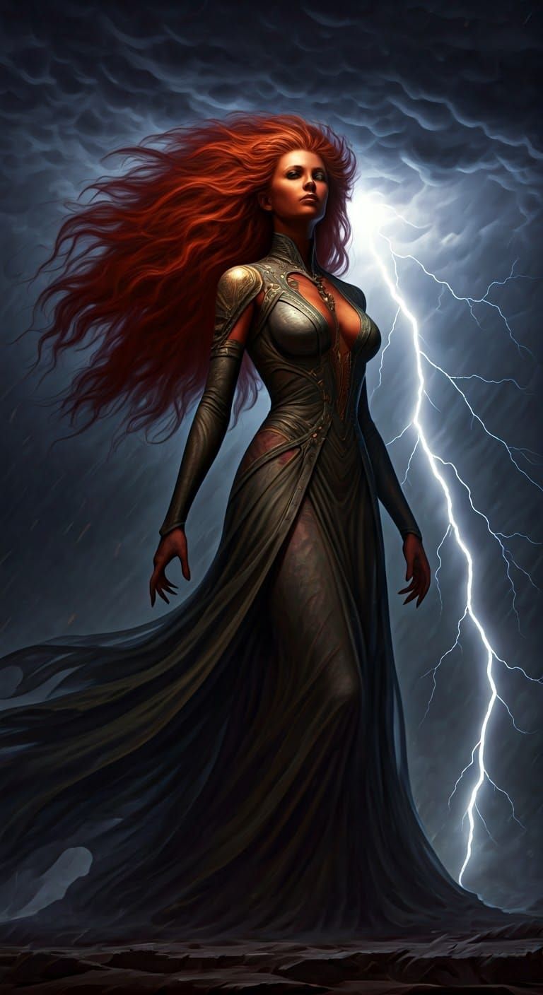 Martian Woman in a Cyberpunk Thunderstorm